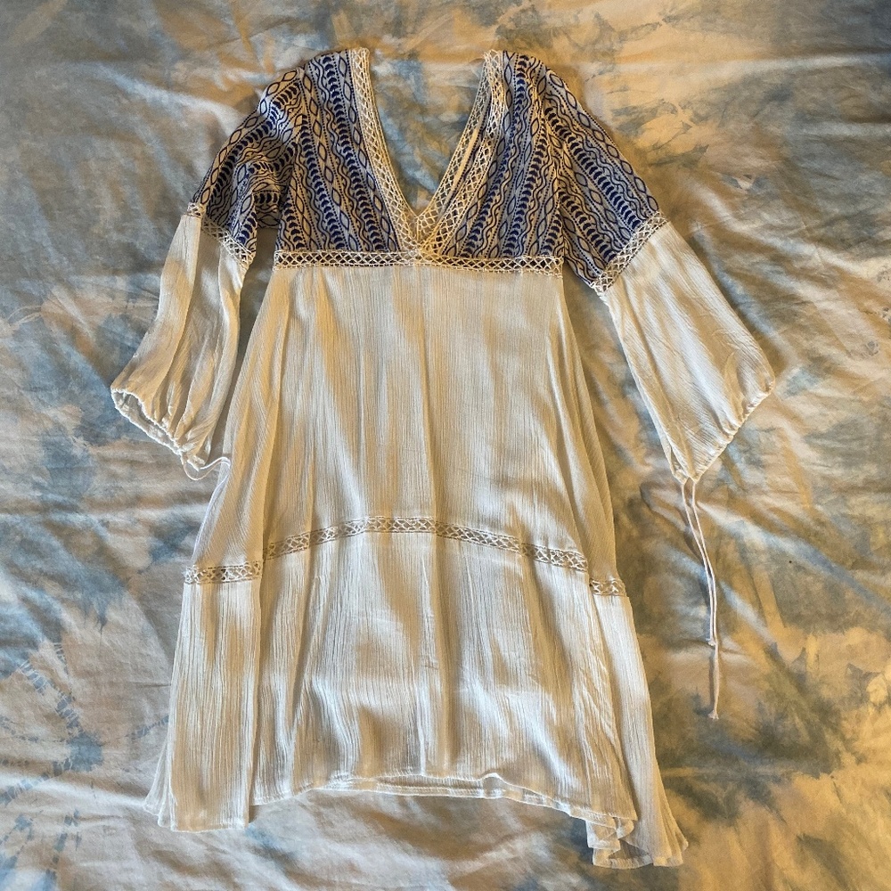 White Gauze Dress w/Blue Embroidery